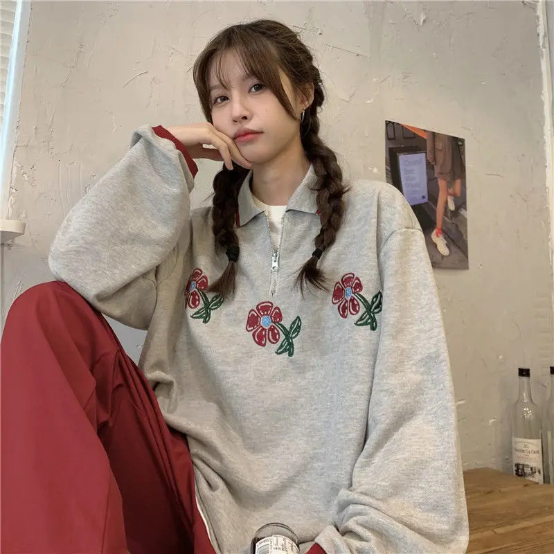 Polo collar long-sleeved sweatshirt for women autumn thin Korean style loose and versatile top ins trendy students y2k 240806