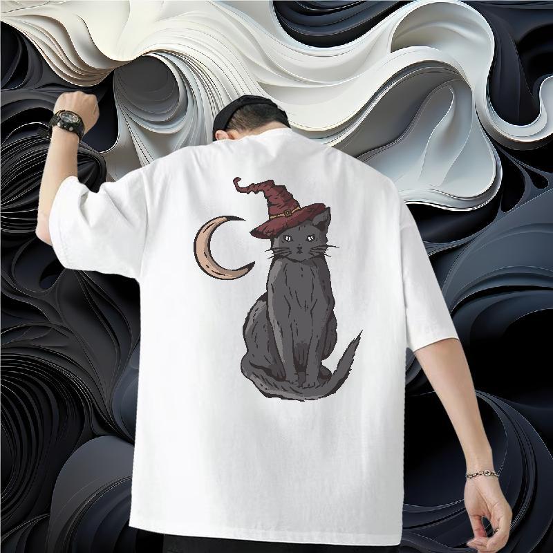 2024 Summer T Shirts Men 230g Cotton cat Summer Casual Wear Breathable Short Sleeve Loose Tshirts Custom Big Size