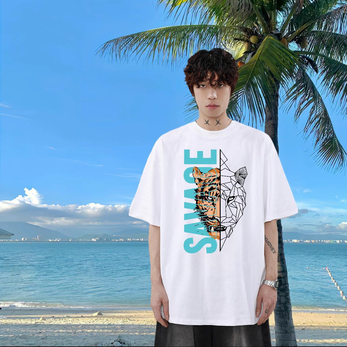 2024 T-Shirts 230g 100% Cotton tiger Street wear Hip Hop Wear Pure Cotton Soft Tshirts DIY Anime