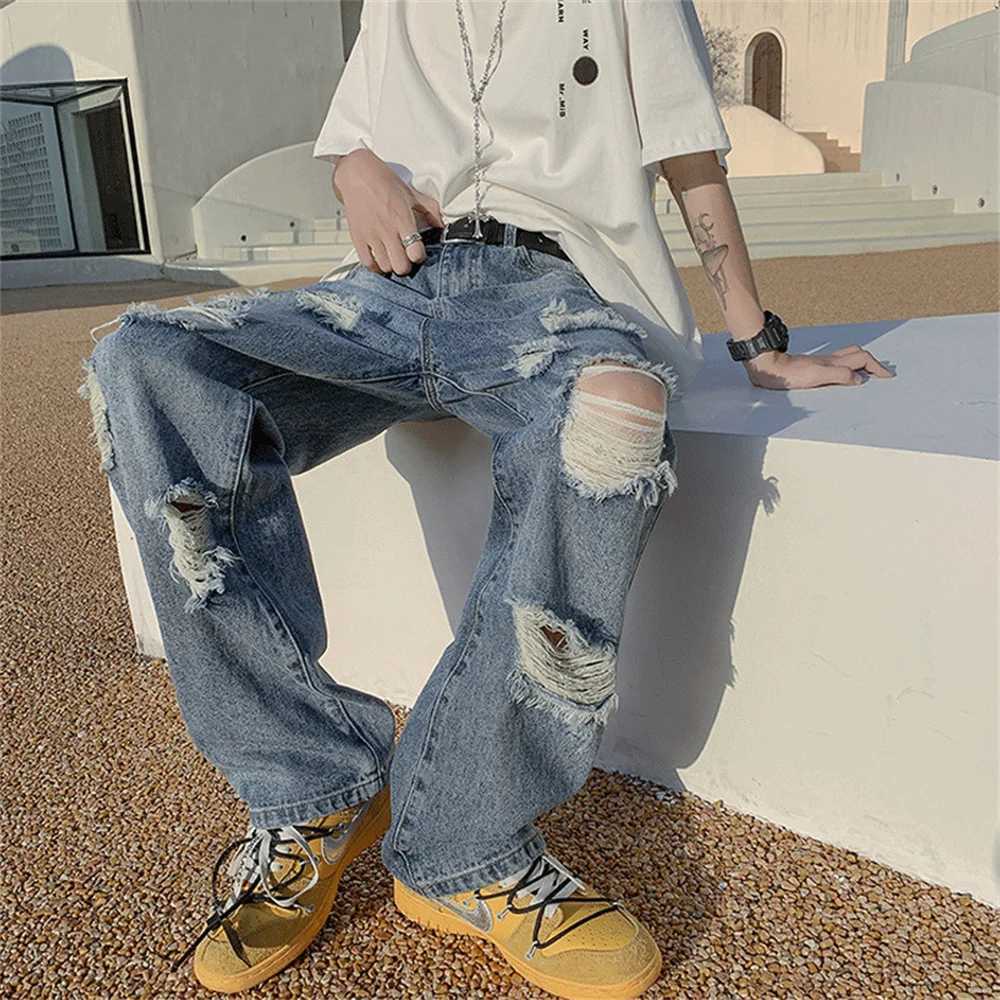 Summer Blue Black Ripped Jeans Men Fashion Casual Wide Leg Jeans Mens Streetwear Loose Hip Hop Straight Hole Denim Pants Men M250610