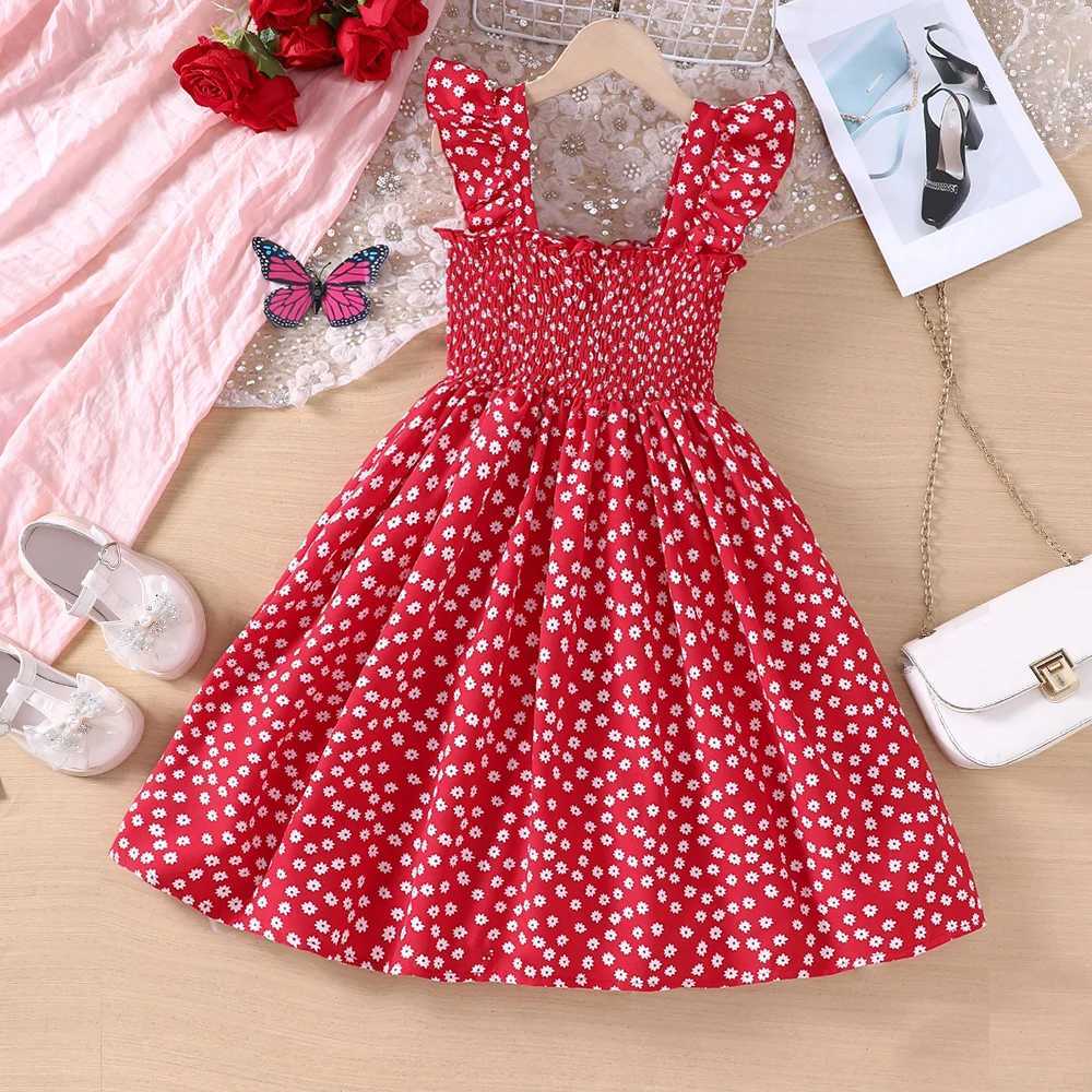 New summer vacation style lotus leaf edge small floral suspender dress suitable for middle school children and girlsW240720