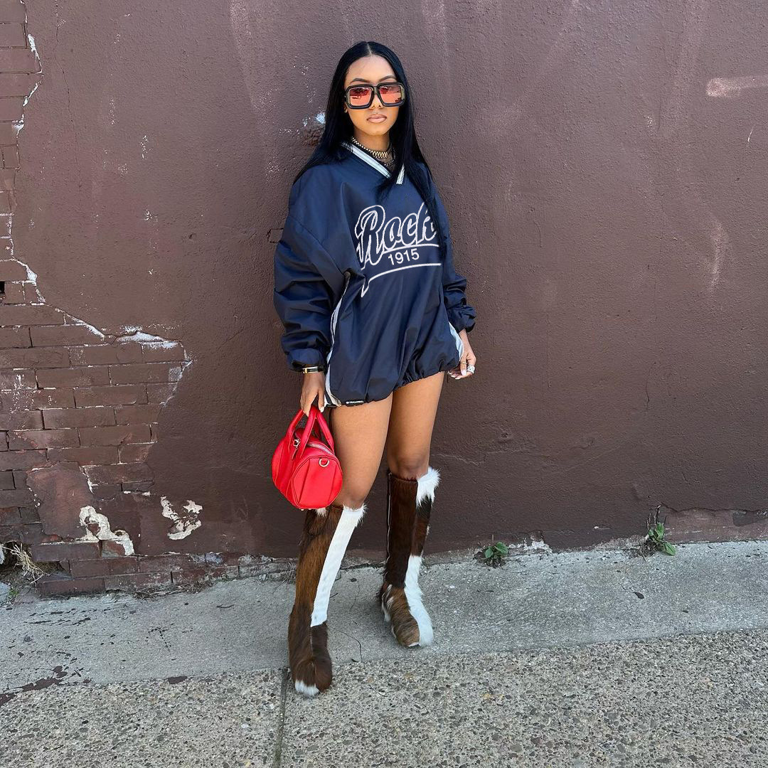 American streetwear casual women's letter print contrasting woven loose David suit mid length drawstring V-neck top