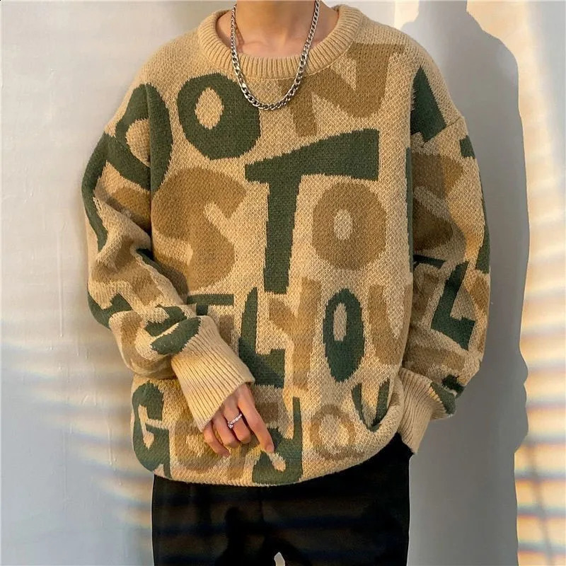 Winter Fashion Trend Contrast Color Round Neck Letter Loose and Versatile Ruffle Handsome Knitted Long Sleeve Mens Sweater 240729