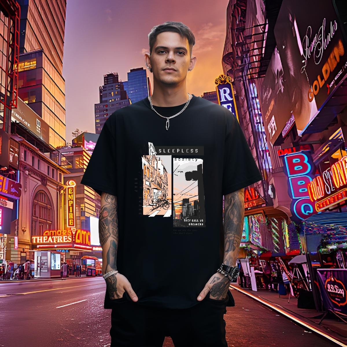 High Quality Couples T Shirts 230g Cotton Tall buildings, streets T-Shirts Casual Beach Breathable Crew Neck Custom Printing Brand Tshirts