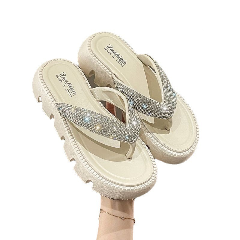 Summer Leisure Beach Slippers Flip Flops Slides Solid Bling Flat Mid Heels Shoes for Women Plus Size