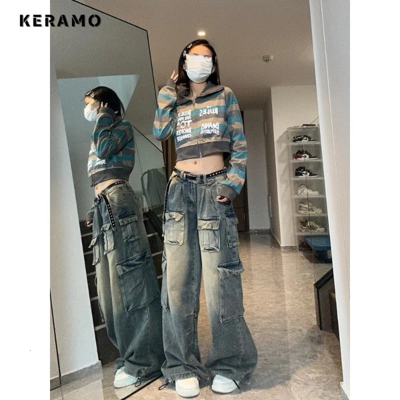 Womens Harajuku Vintage StyleHigh Waist Loose Jeans Autumn Winter Y2K Pants Wide Leg Baggy Streetwear Denim Trouser 240806