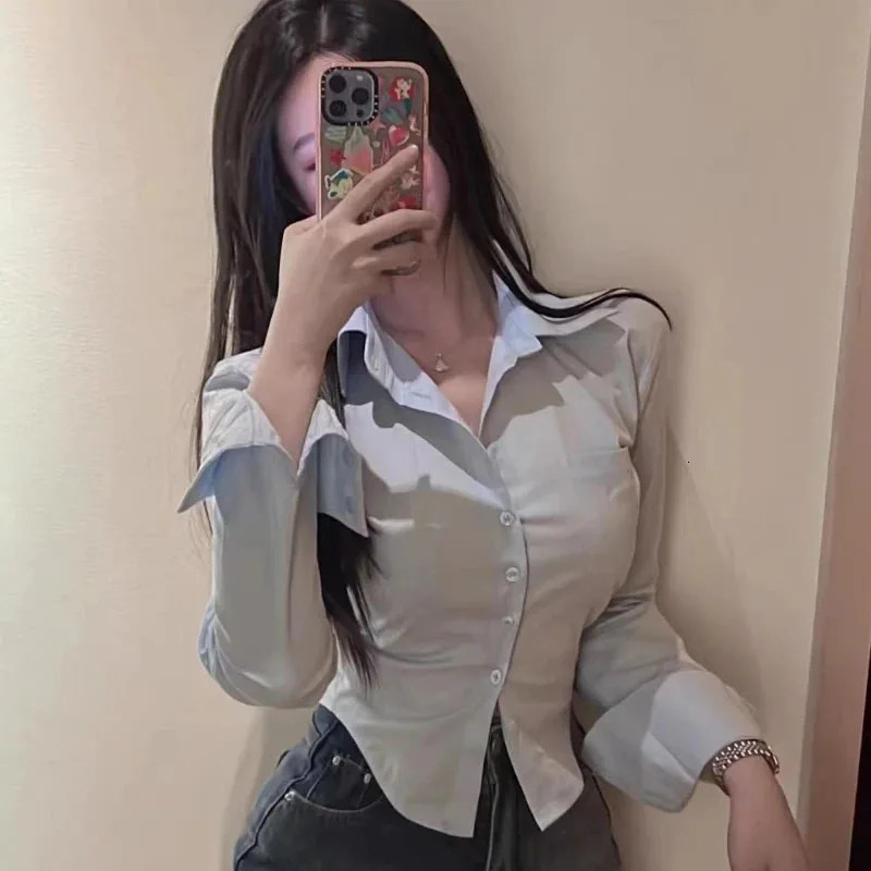 Sexy Skinny Short Women Shirts Spring Autumn Long Sleeve School Uniform Shirt Female Korean Chic Button Up White Shirt Tops 240806