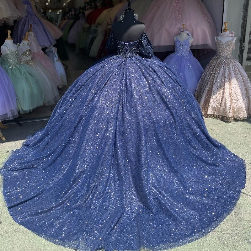 Sparkly Navy Blue Princess Off Shoulder Quinceanera Dresses Sweetheart Beads Crystal Tull Sweet 16 Ball Gown Vestidos De 15 Anos