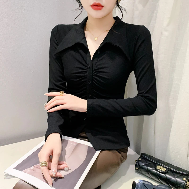 Fall Winter European Clothes T-Shirt Chic Sexy Draped High Quality Button Blouse Women Tops Long Sleeve Tees 311044 240806