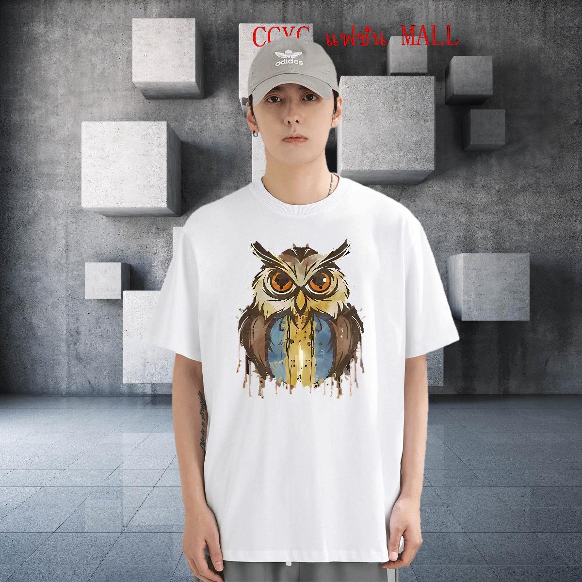 Loose Fit Men Clothes T-Shirt 230g 100% Cotton Hip Hop Street Owl Cartoon Print Round Neck Short Sleeve 2024 DIY T Shirts Men Tops Tees