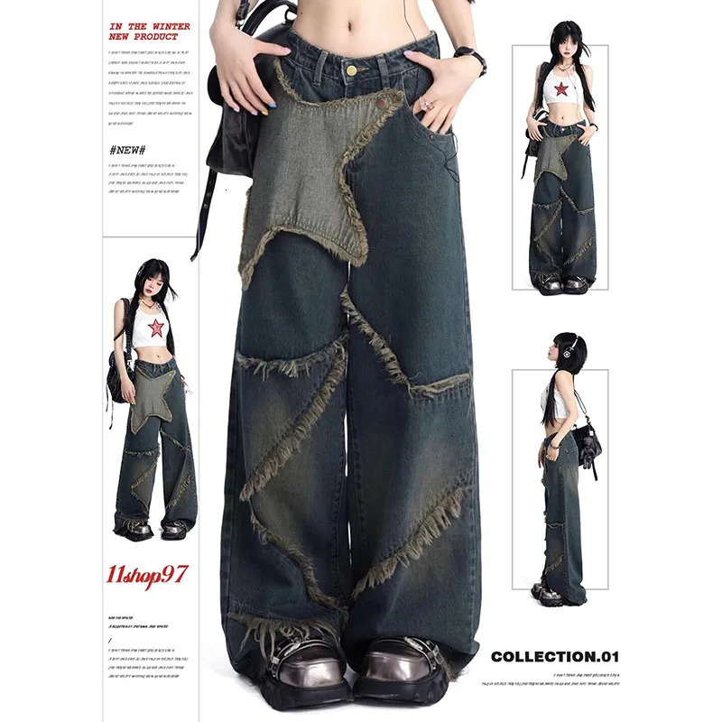 Women Blue Cargo Jeans Baggy Vintage 90s Aesthetic High Waist Cowboy Pants Harajuku Denim Trousers Y2k Trashy Clothes 240806
