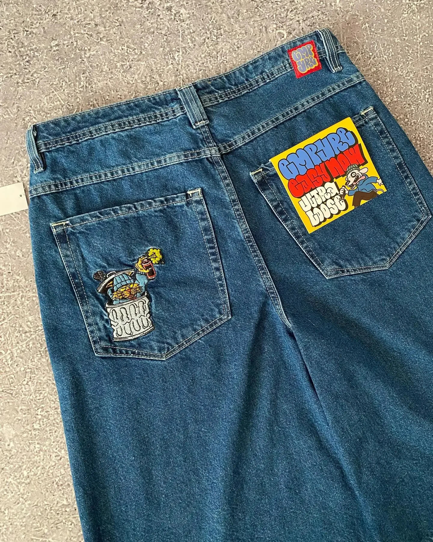 Y2K Street Casual Cowboy Skateboard Shorts Cartoon Pocket Embroidery Loose Jeans Wide-Leg Pants Hip-Hop Street Style 240806