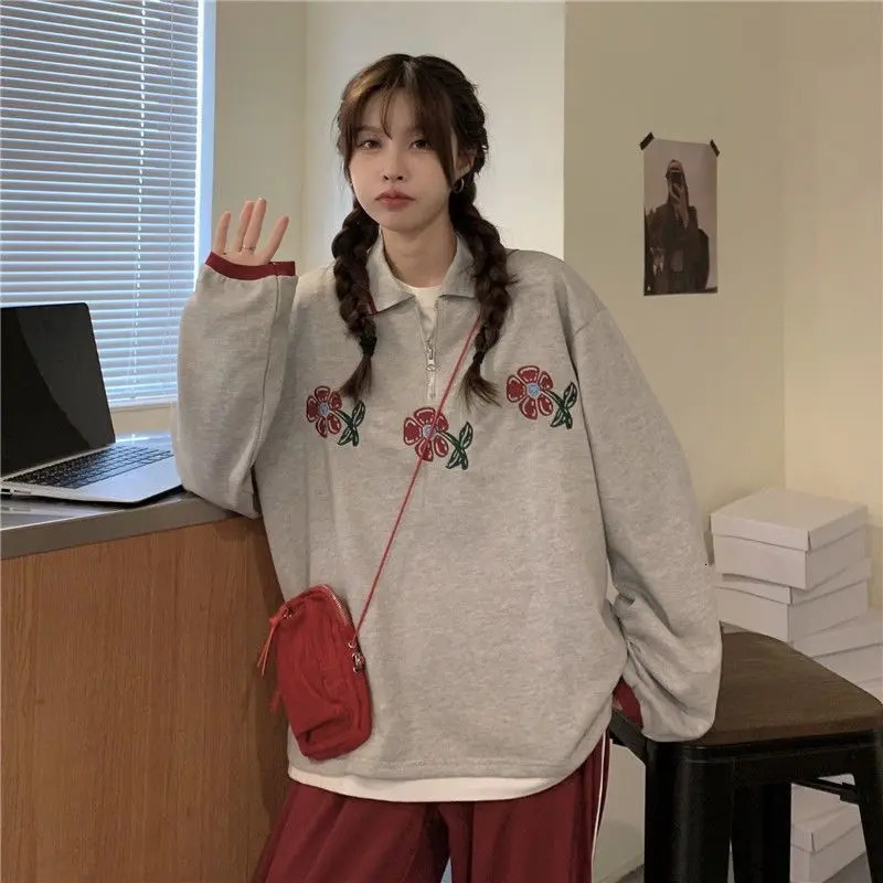 Polo collar long-sleeved sweatshirt for women autumn thin Korean style loose and versatile top ins trendy students y2k 240806