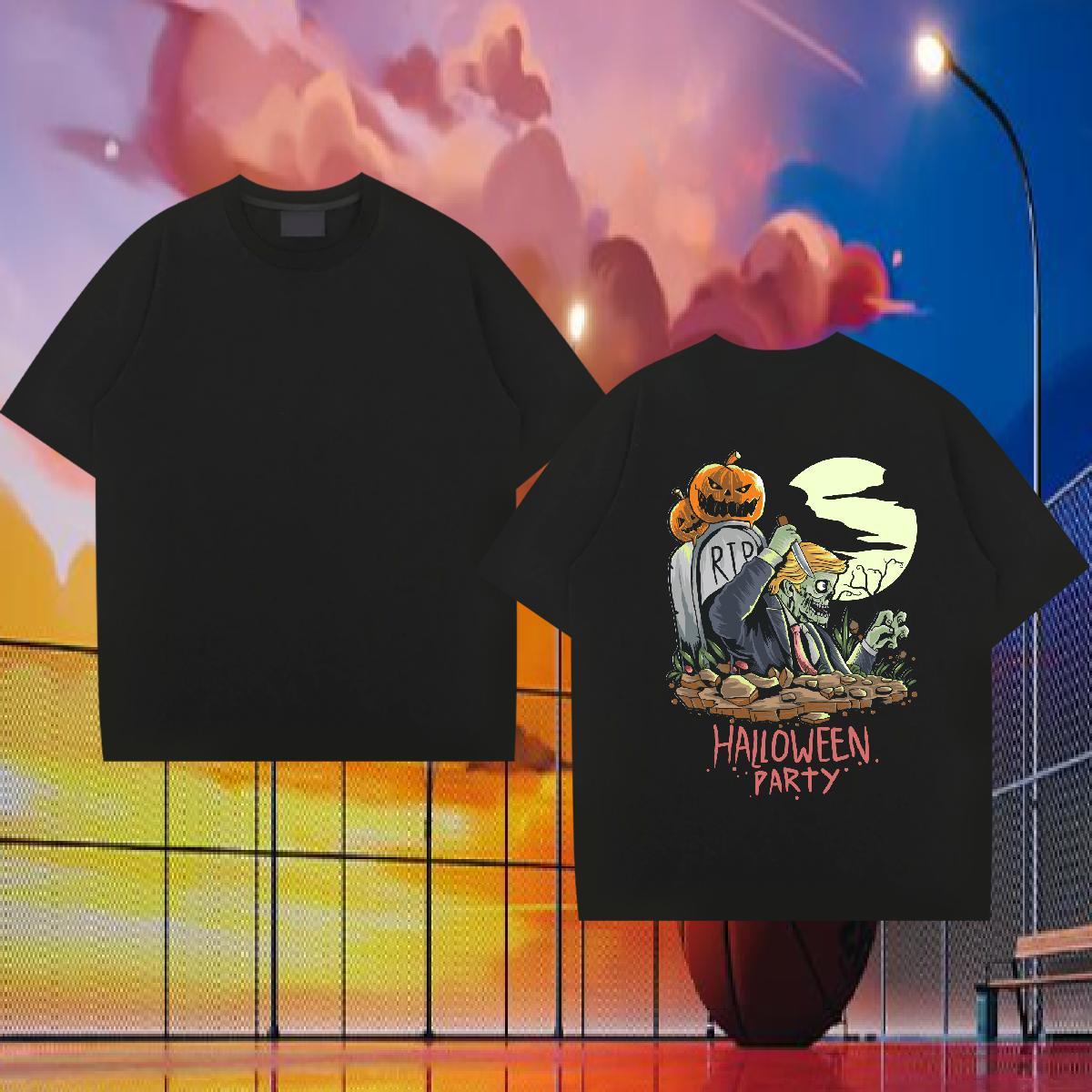 Classic Casual T-Shirts for Men 230g 100% Cotton Halloween Anime Printing Street Tees Shirts Crew Neck Brand Tshirts Floral Print