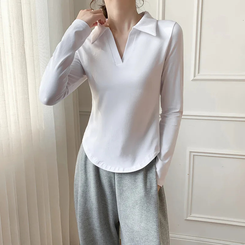 autumn tight fitting long sleeved T-shirt for women cotton lapel polo neck Y2k top for women ultra-thin polo shirt 240827