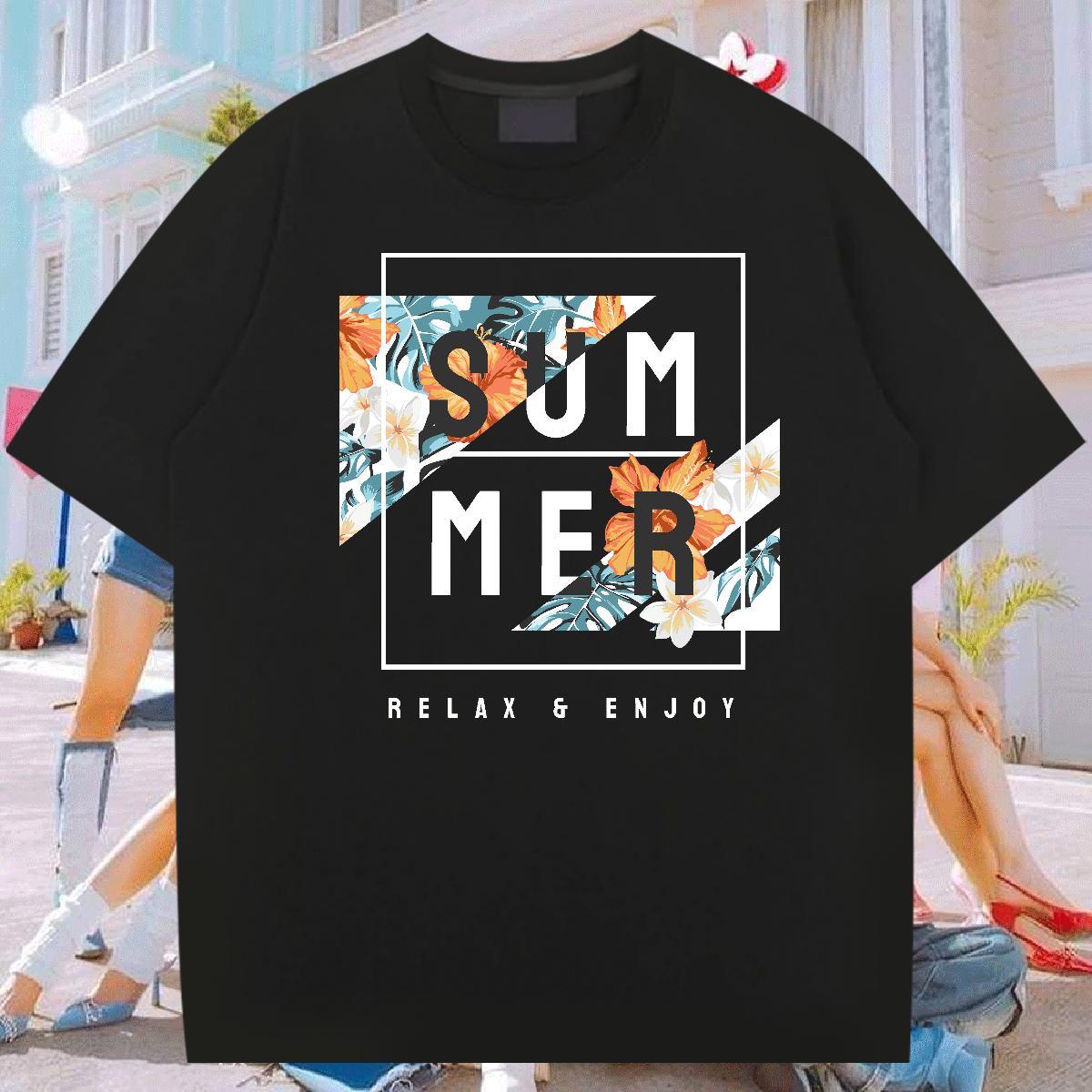 Men T Shirts 230g Pure Cotton flower Home Outdoor Round Neck Short Sleeve Cartoon Printing L-4XL Men Tees Brand Popular Wear