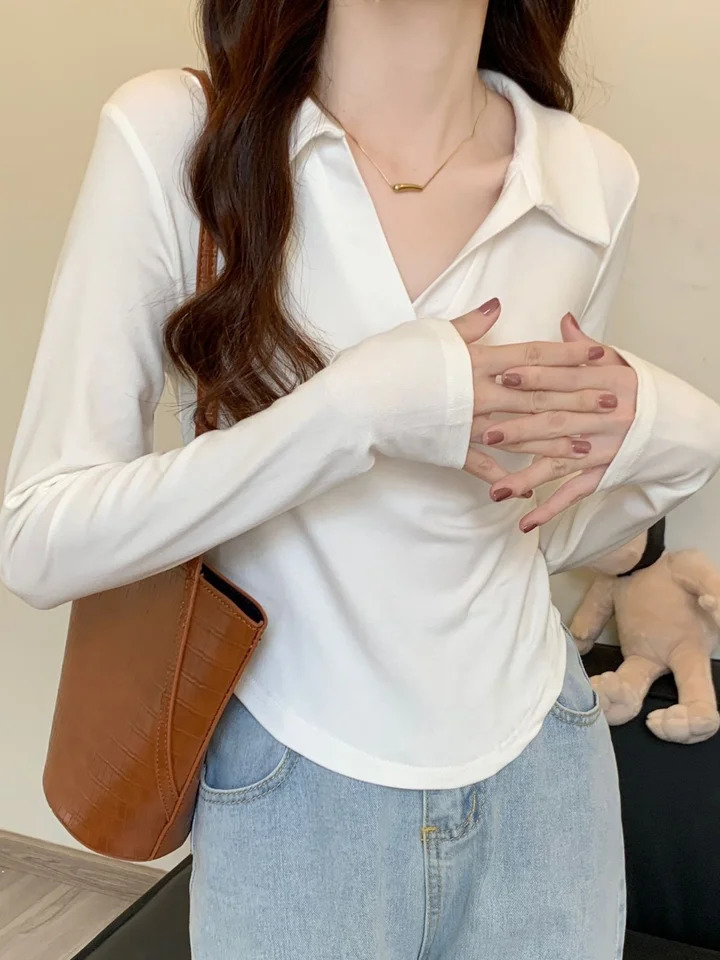 Autumn Polo Neckline Slim Fit Long Sleeve Women T-shirt Irregular Top Shirt Korean Style Casual Comfortable Polyester Fabric 240806