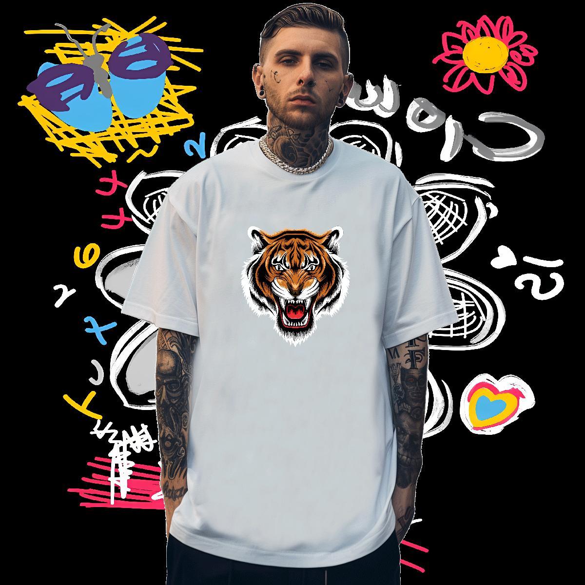 T Shirt For Man 230g Cotton tiger Anime Printing Street Breathable Crew Neck DIY Anime Men Clothes T-Shirt Fashion Designer Brand Tshirts