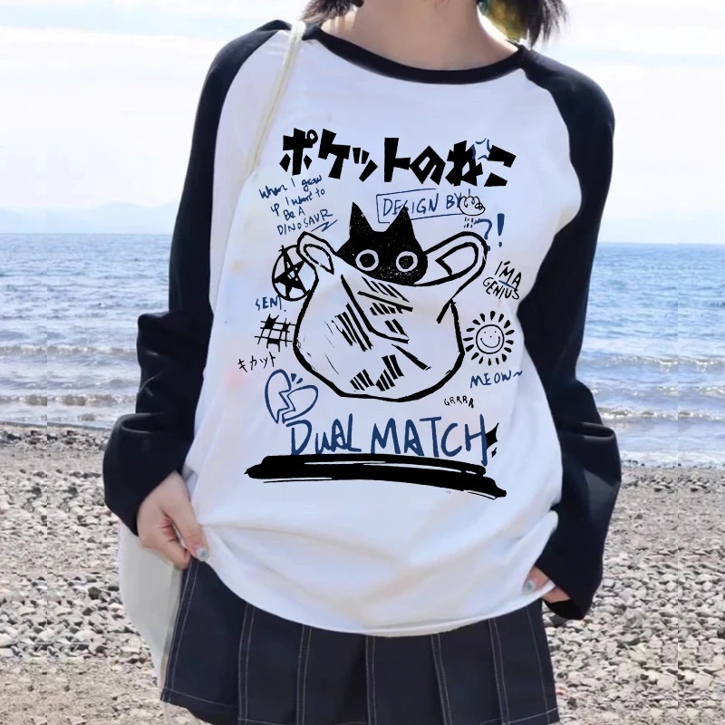 90s Y2k T-shirt Long Sleeve Funny Cute Cat Shirt Women Cartoon T Shirt Harajuku Graphic Ulzzang Tshirt Aesthetic Top Tee Female 240806