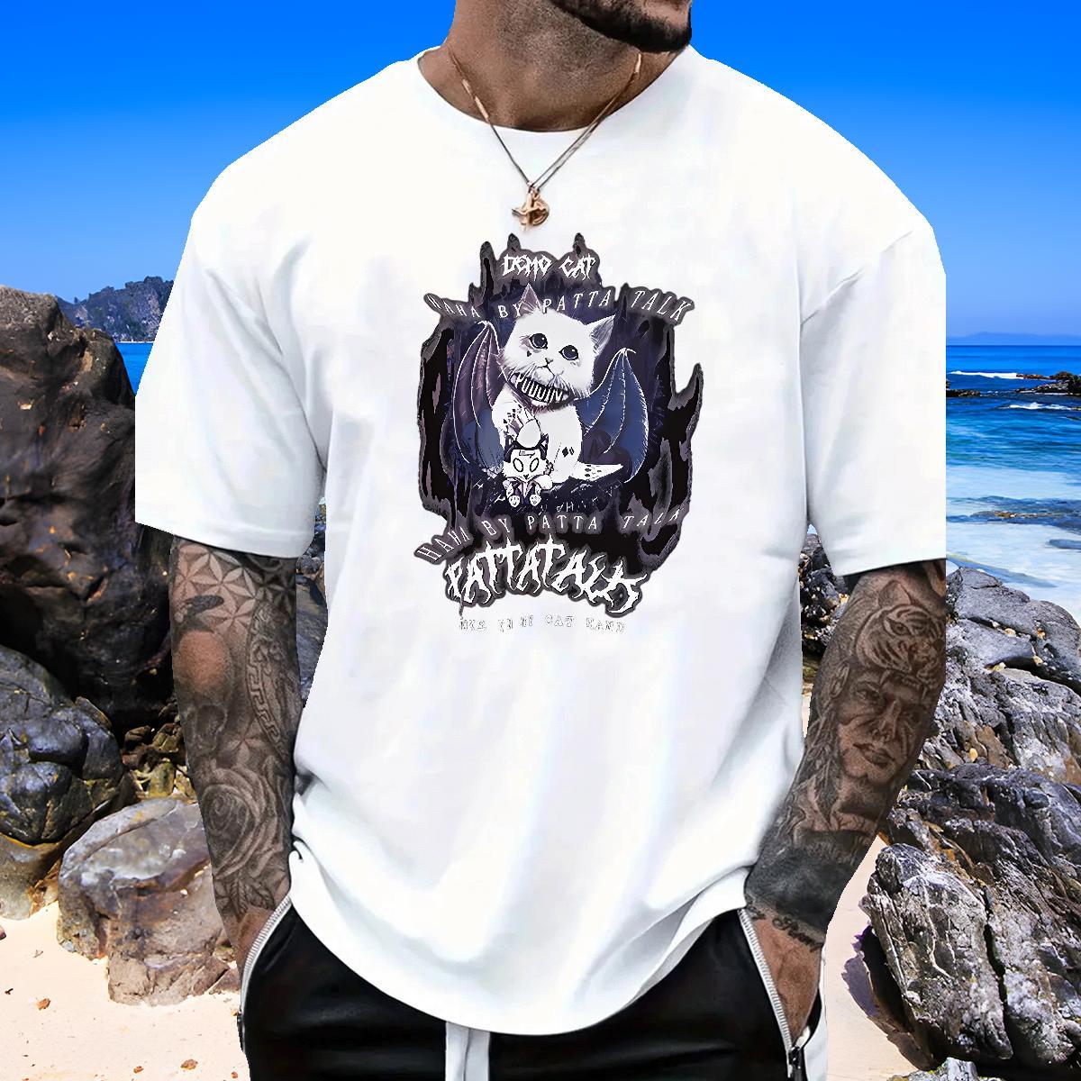 Loose Men Tees 230g Pure Cotton cat T shirt Street Casual Round Neck Short Sleeve Plus Size Cartoon DIY Wear