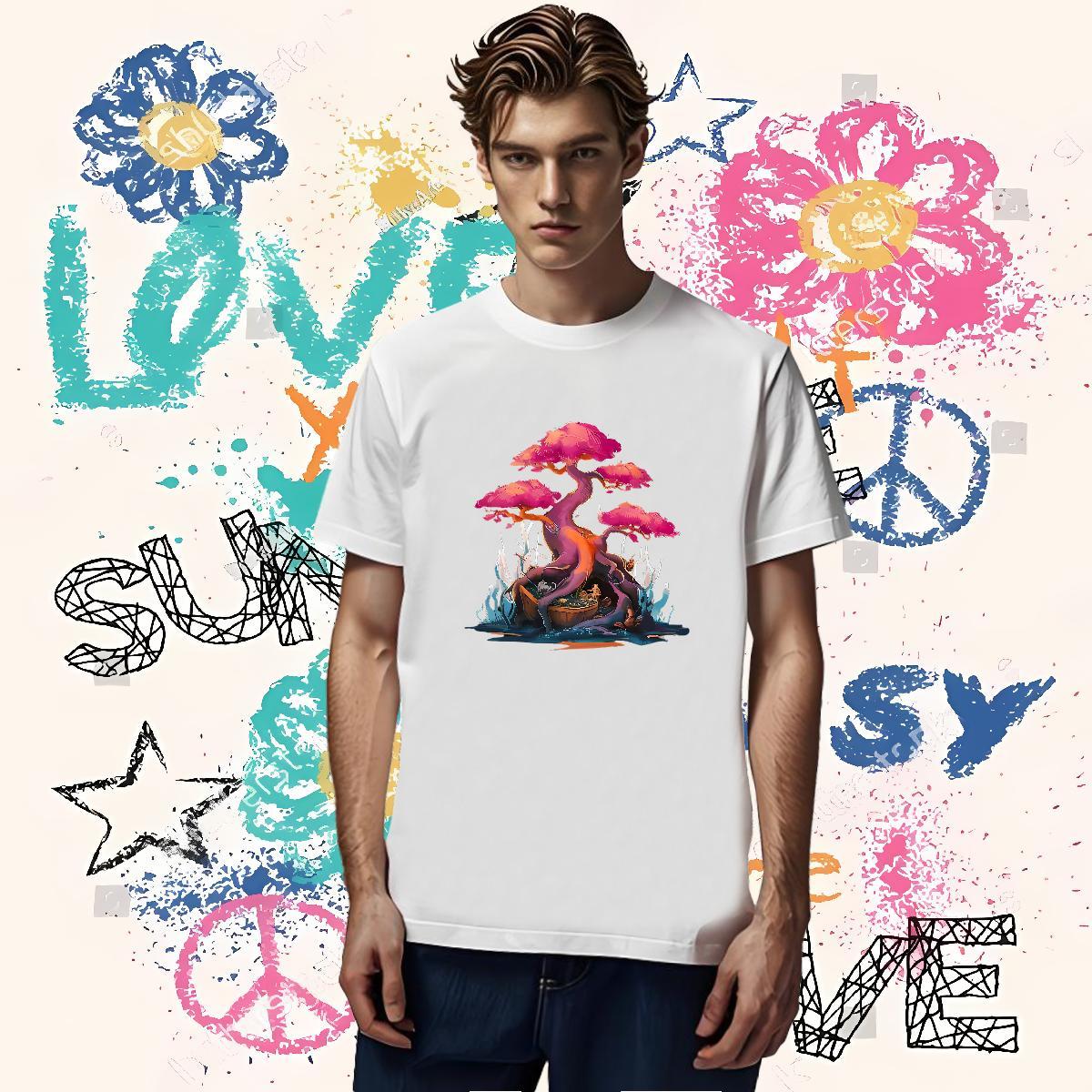 2024 DIY T-Shirts for Men 230g Pure Cotton tree Home Outdoor Tee Shirt Crew Neck Breathable Loose Men Tops Tees Black White
