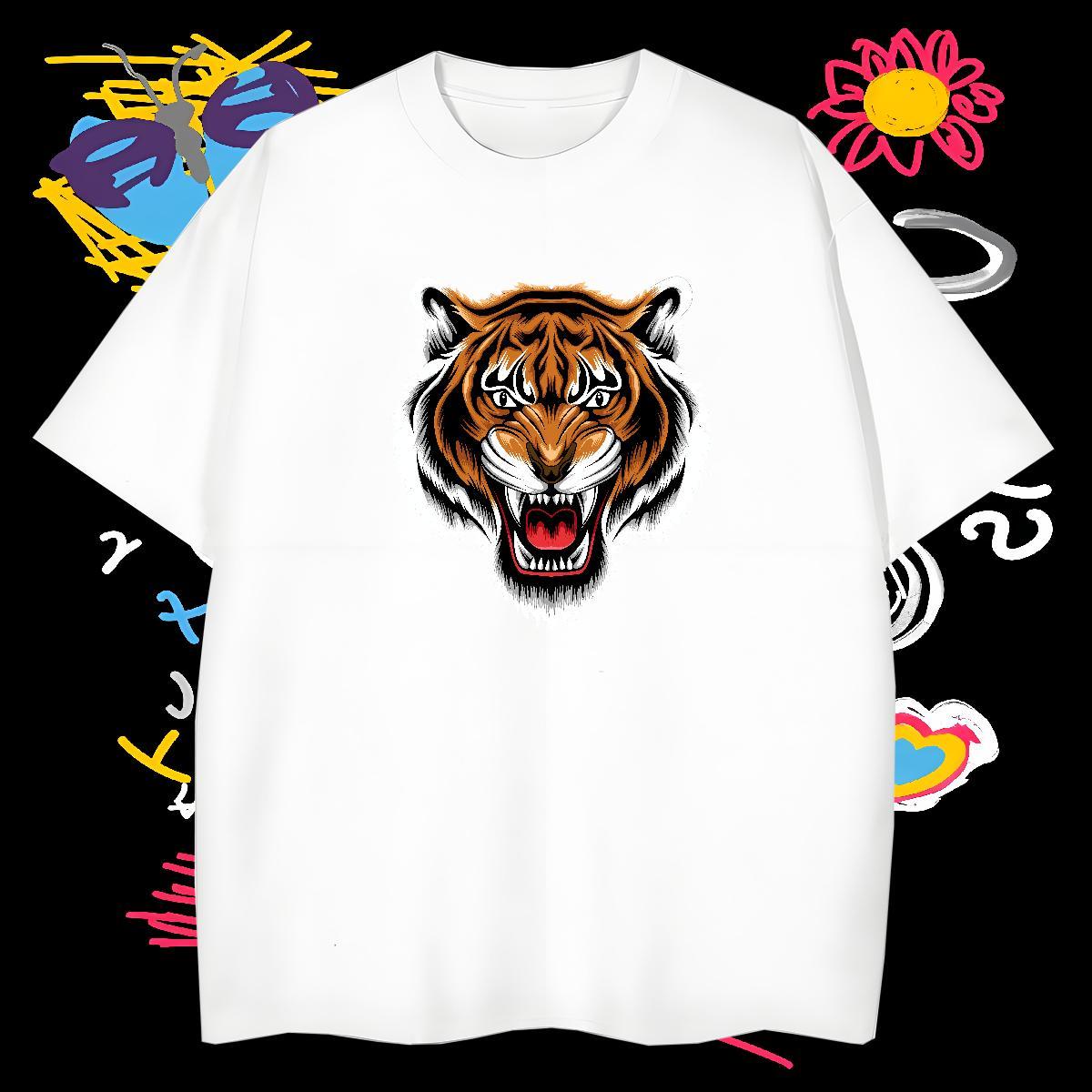 T Shirt For Man 230g Cotton tiger Anime Printing Street Breathable Crew Neck DIY Anime Men Clothes T-Shirt Fashion Designer Brand Tshirts