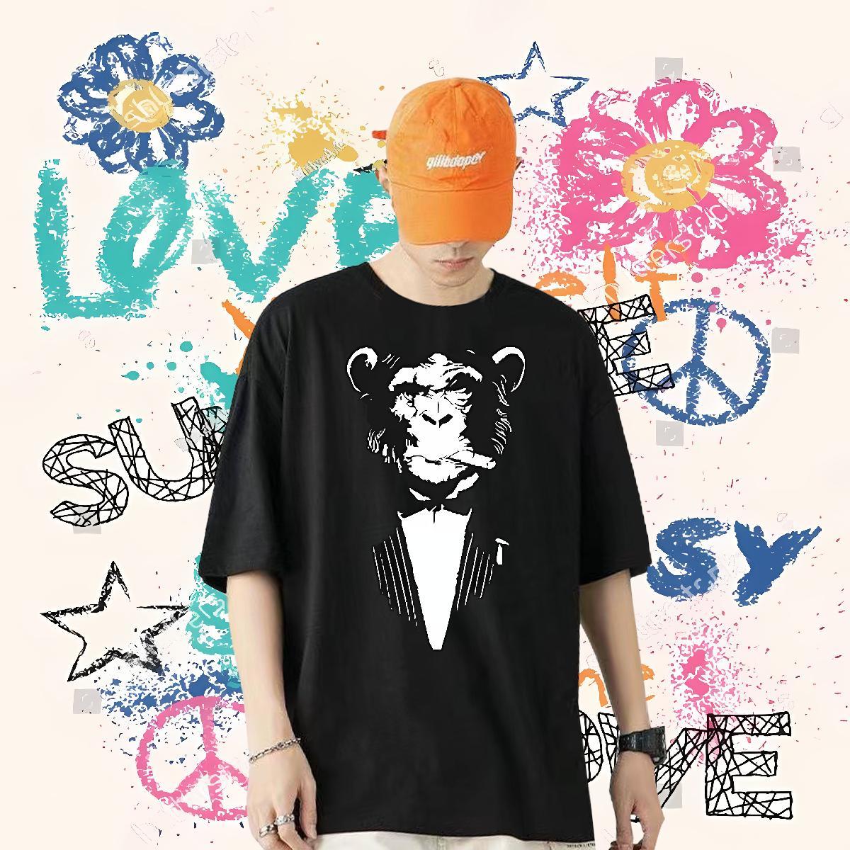 Designer Fashion T-Shirts for Men 230g 100% Cotton chimpanzee Spring Summer Clothings Short Sleeve O-Neck Brand Tshirts Black Oversized