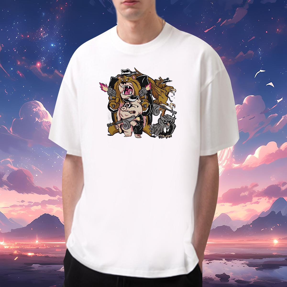 Wholesale Mens T Shirts 230g Pure Cotton Casual Tees Shirts Breathable Crew Neck Loose Tshirts Cartoon Print