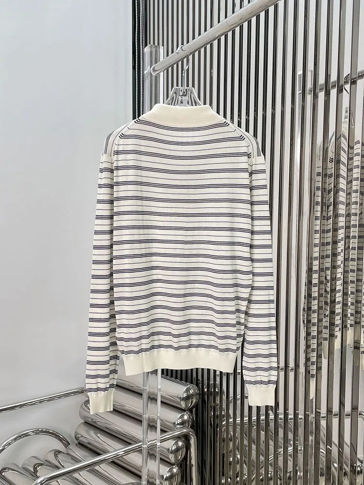 Contrast striped jacquard knitted polo shirt with letter micro label long sleeved T-shirt top 240827