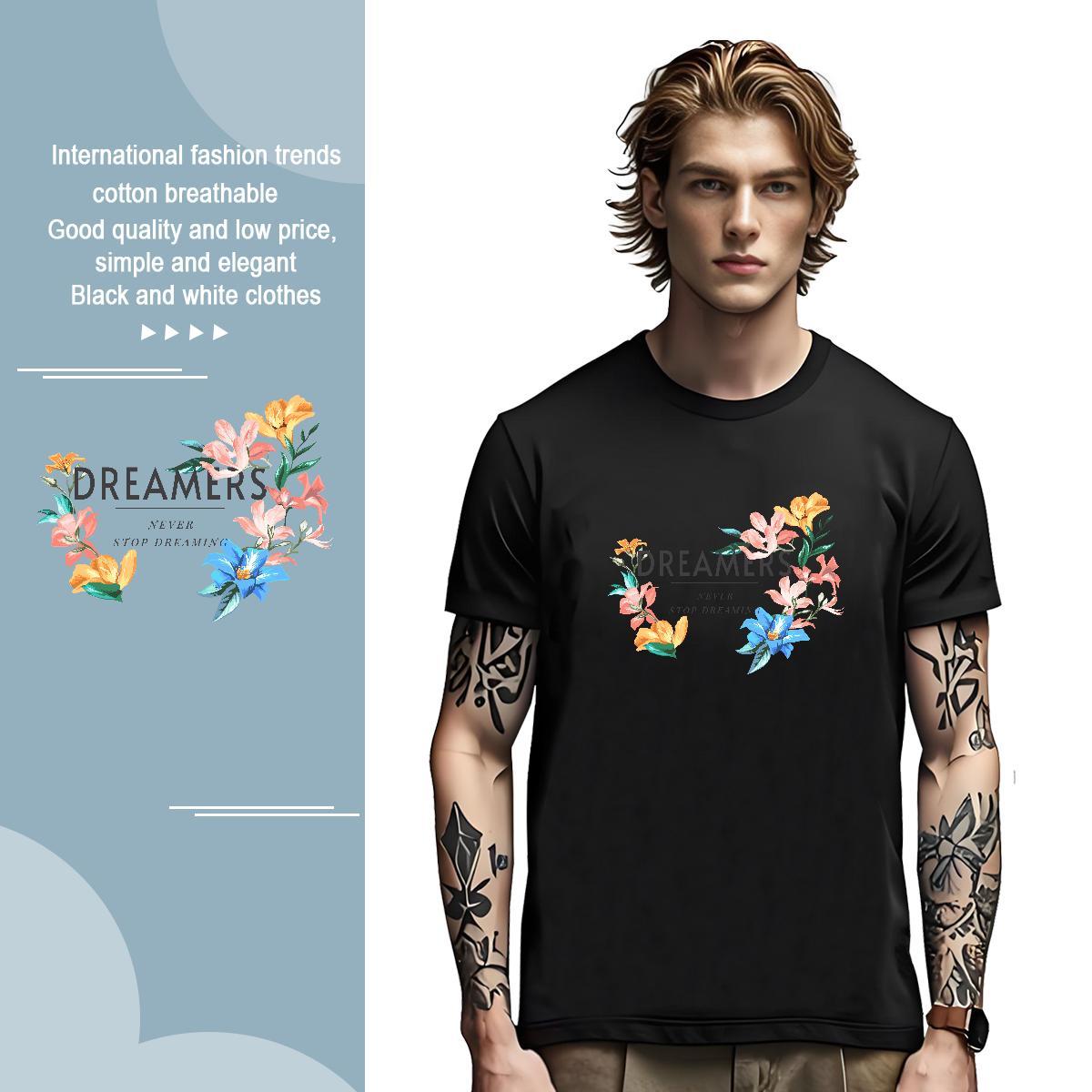 T-Shirts for Men 230g Cotton flower Beach Short Sleeve O-Neck Anime Men Clothes T-Shirt Casual New Unisex Wear