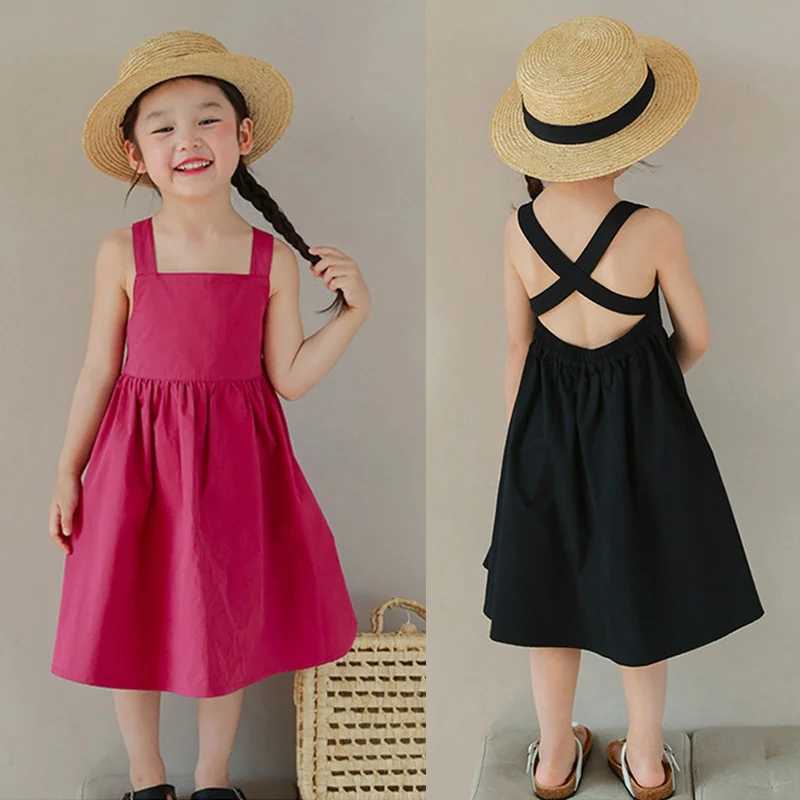Summer Preschool Girls Dress Cotton Sweet Cold Wind Cross Backless Party Princess Dress 3-8 Years Black Pink Baby Girls DressW240720