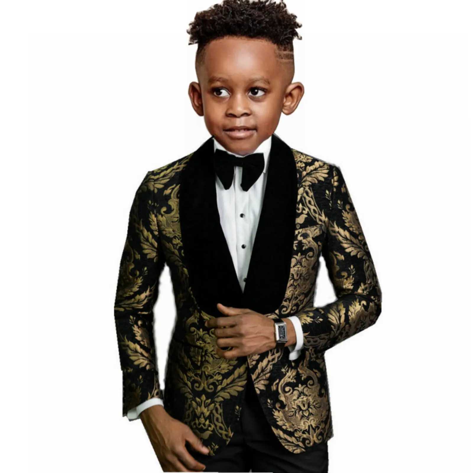 Suits Boys Suits 2 Pieces Black Gold Floral Wedding Suits For Kid Velvet Shl Lapel (Jacket+Pants) Children Formal Party Prom Wear