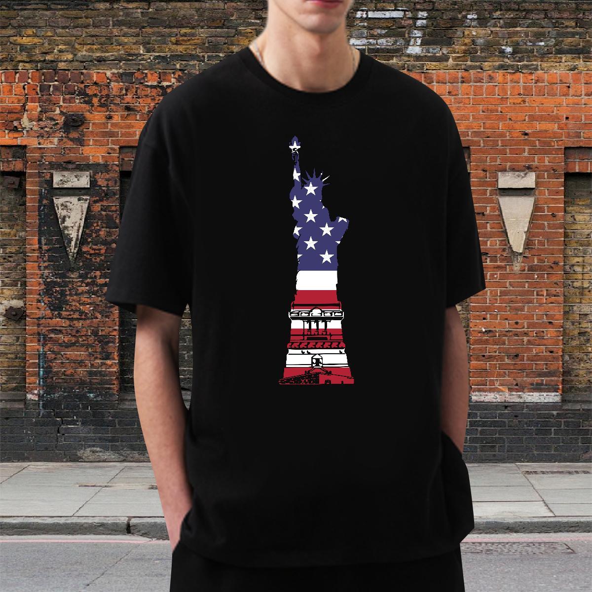 DIY T Shirts Men 100% Cotton 230g the Statue of Liberty Street Casual Clothes Breathable Short Sleeve Free Shipping Tshirt for Man Woman Custom Cartoo