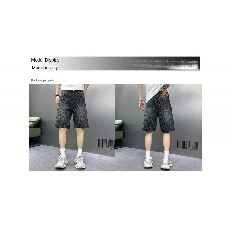 Mens Five Point Pants 2024 Loose Straight Wide Leg Perforated Jacquard Highend Casual Denim Shorts 24