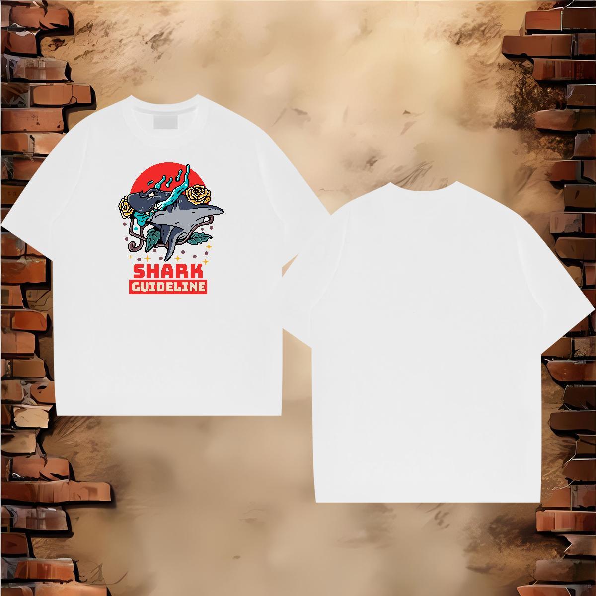 Free Shipping T Shirt For Man 230g Pure Cotton shark Hip Hop Street Wear O Neck Short Sleeves Loose Fit Men Clothes T-Shirt Custom Print Plus Size