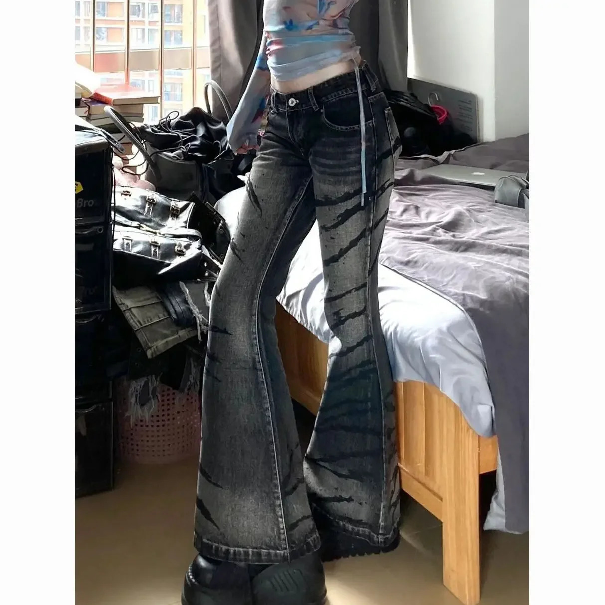 Graffiti Zebra Striped Printed Flare Jeans Denim Pant Slight Bootcut Bell Bottom y2k pants harajuku punk gothic grunge aesthetic 240806