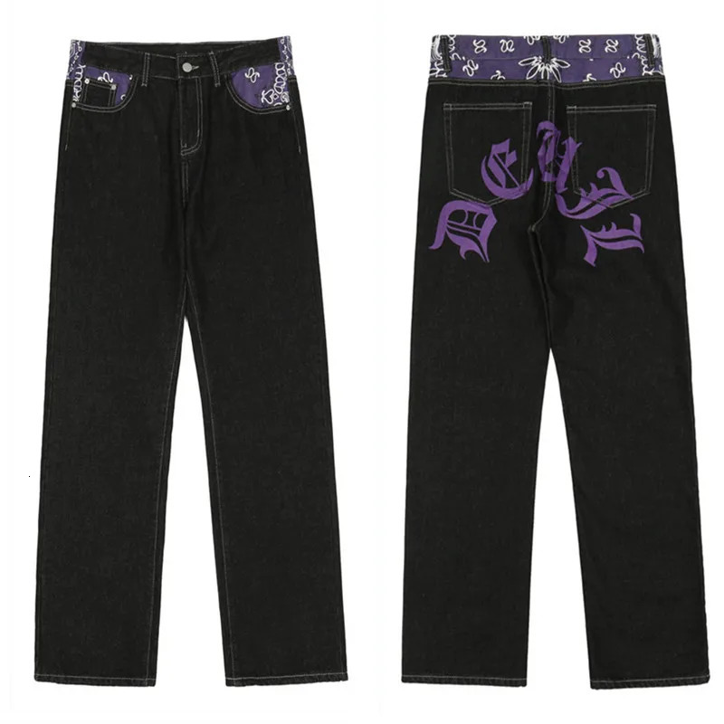 Mens Y2k Jeans Cashew Flowers Purple Streetwear Casual Pants Punk Hip Hop Letter Print Baggy Harajuku Straight Denim Trousers 240819