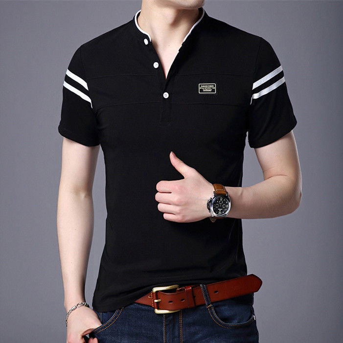 Short short sleeved stand up collar polo shirt solid color casual versatile T-shirt men's clothing
