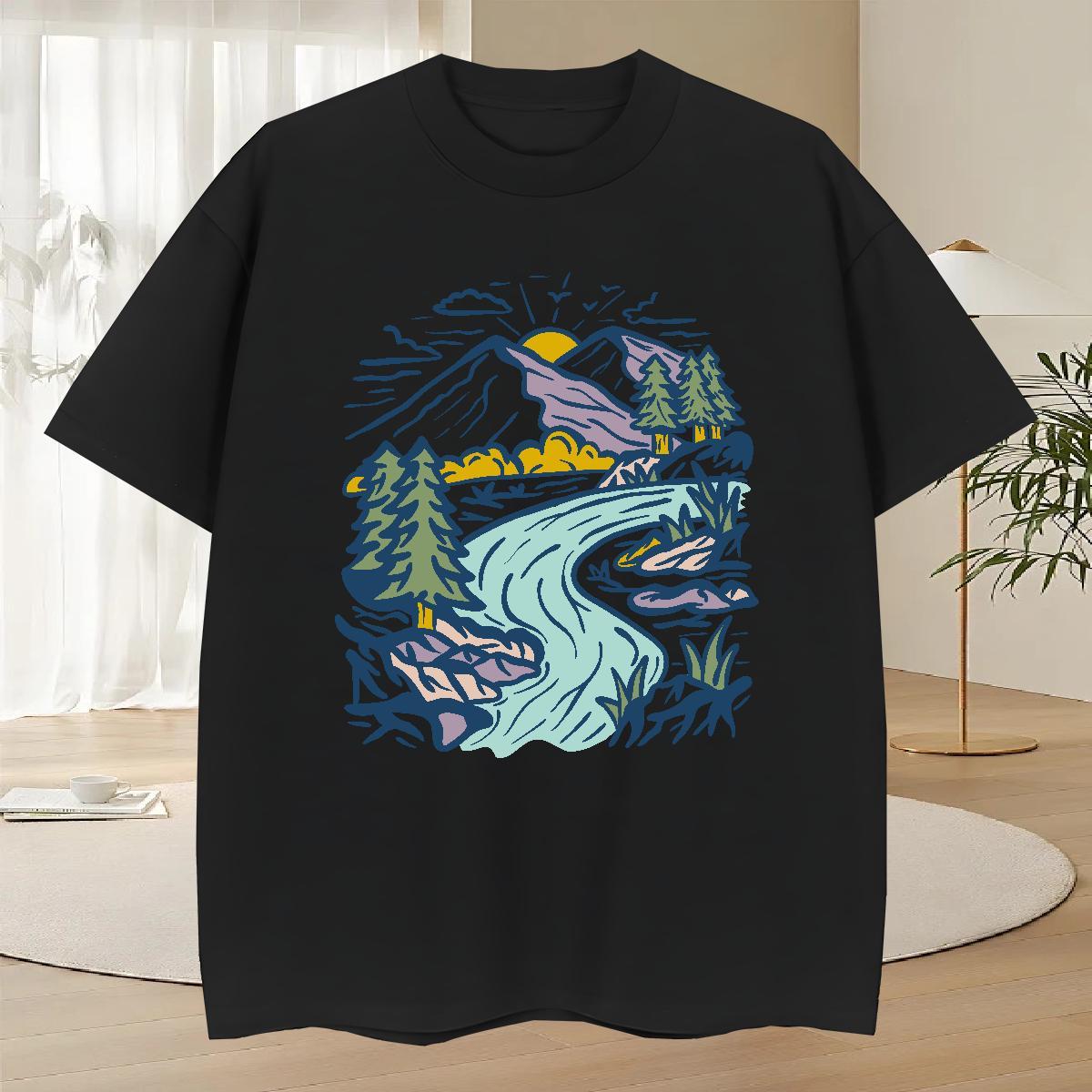 Free Shipping Tshirts 100% Cotton 230g Street Wear Mountain Custom Printed Short Sleeve O-Neck Fashion New T Shirts Men Tops Tees