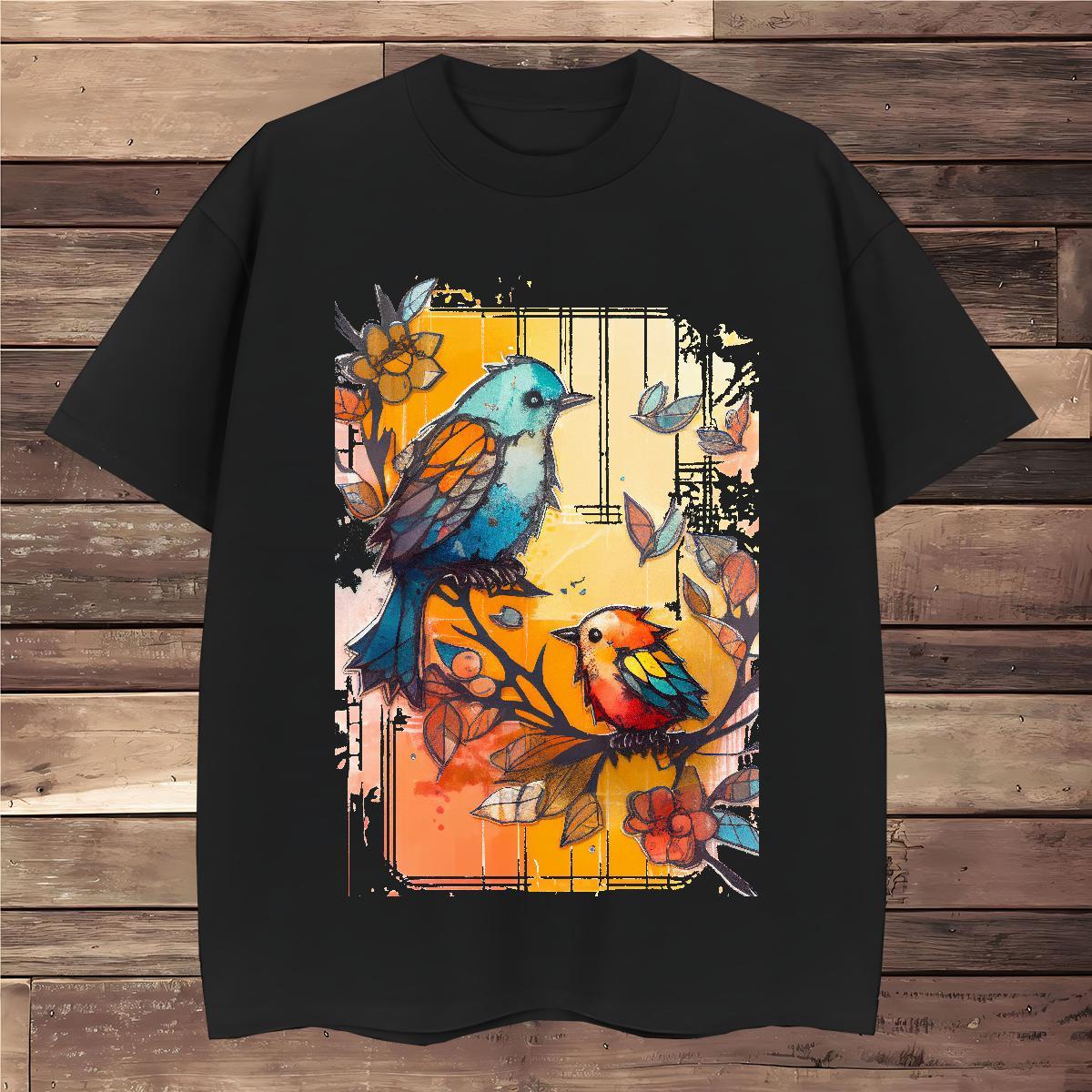 T Shirts Men 100% Cotton 230g bird Street Casual O-Neck Short Sleeve Custom Big Size Tshirts Classic Cool Design Clothings