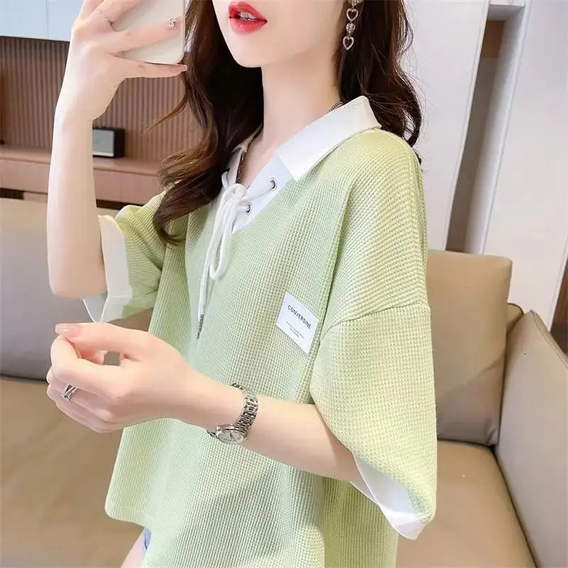 Spring Summer Contrast Lacing Loose T Shirts Polo Neck Long Sleeve Patchwork Trend Tops Tees Casual Fashion Women Clothing 240806
