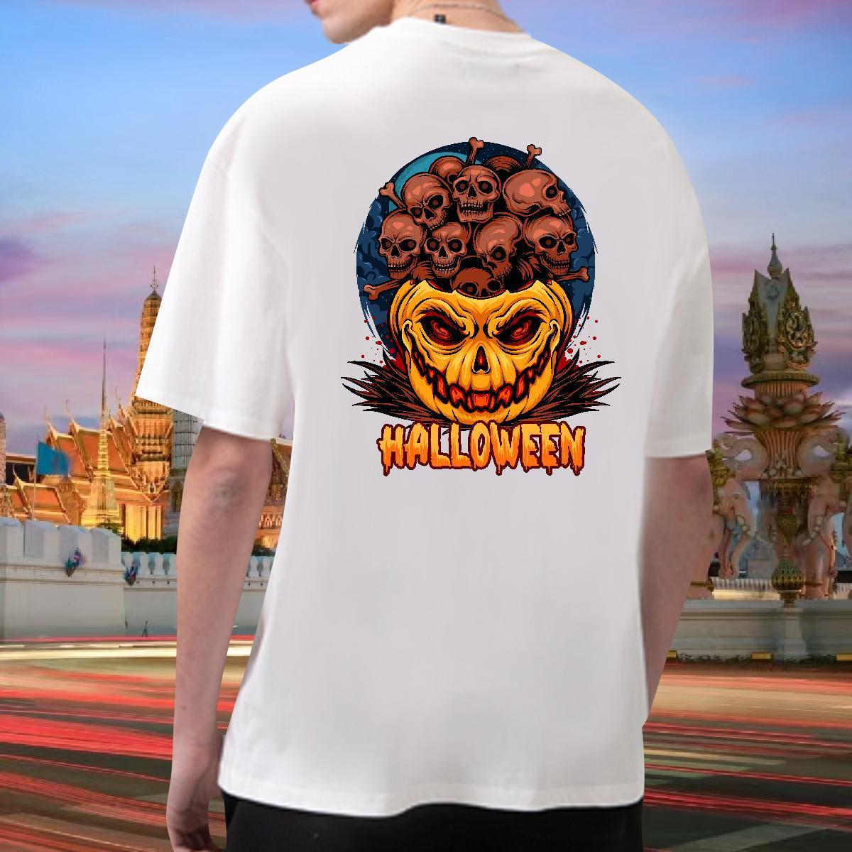 New Men T Shirts 230g Cotton Halloween Spring Summer Tee Shirt Breathable Short Sleeve Unisex Couples T Shirts Black White