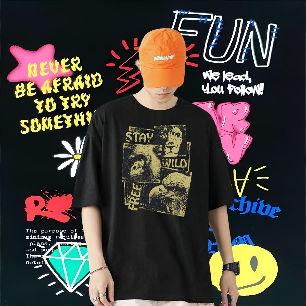 New Mens T Shirts 230g Cotton lion Casual Wear Breathable High Quality Mens Tshirts Custom Print Plus Size