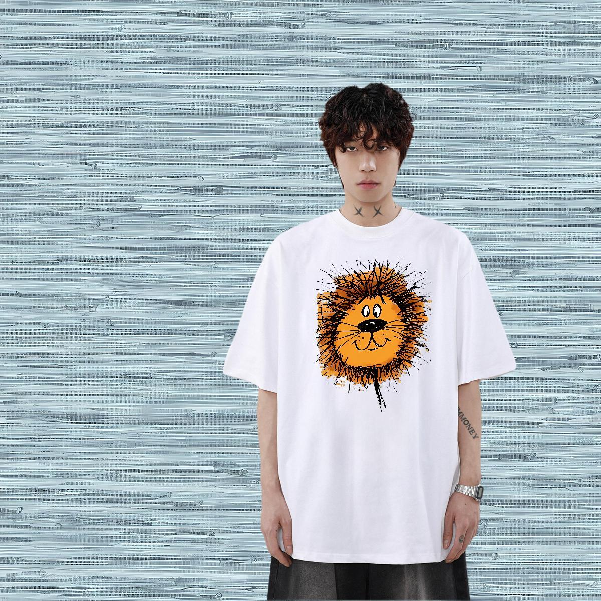 Casual New T-Shirts 230g Cotton lion Street wear Hip Hop Tees Breathable Crew Neck Free Shipping Tshirts Custom Cartoon