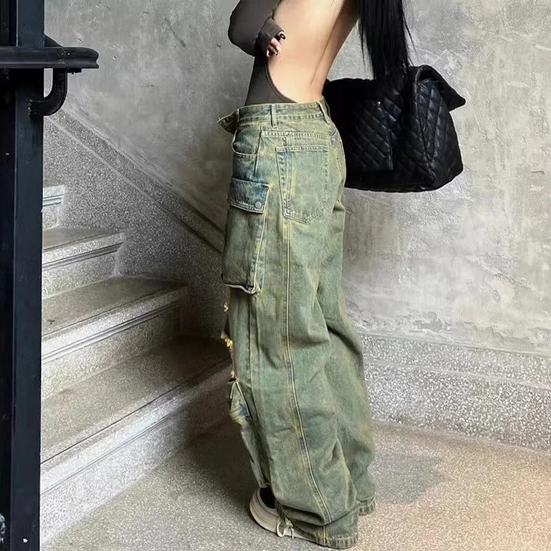 American Vintage Multi-pocket Jeans Female Y2K Street Hip Hop Fashion Hole Baggy Casual Joker High Waist Wide Leg Mop Pants 240806