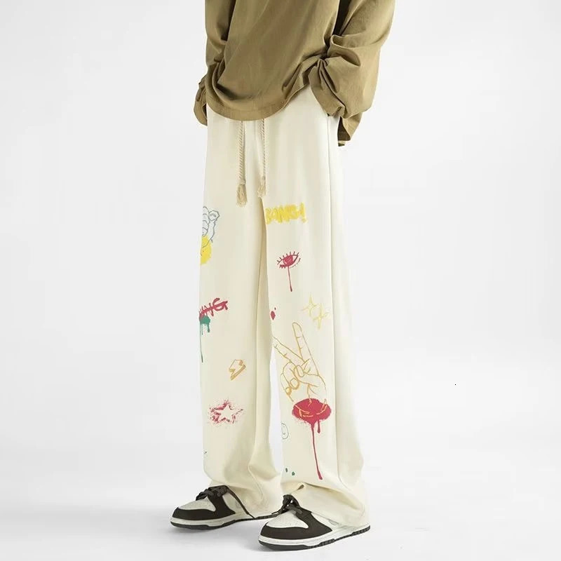 American Graffiti Printed Baggy Straight Pants Hombre Y2K Streetwear Wideleg Sweatpants For Men Hip Hop Fashion Trousers 240806