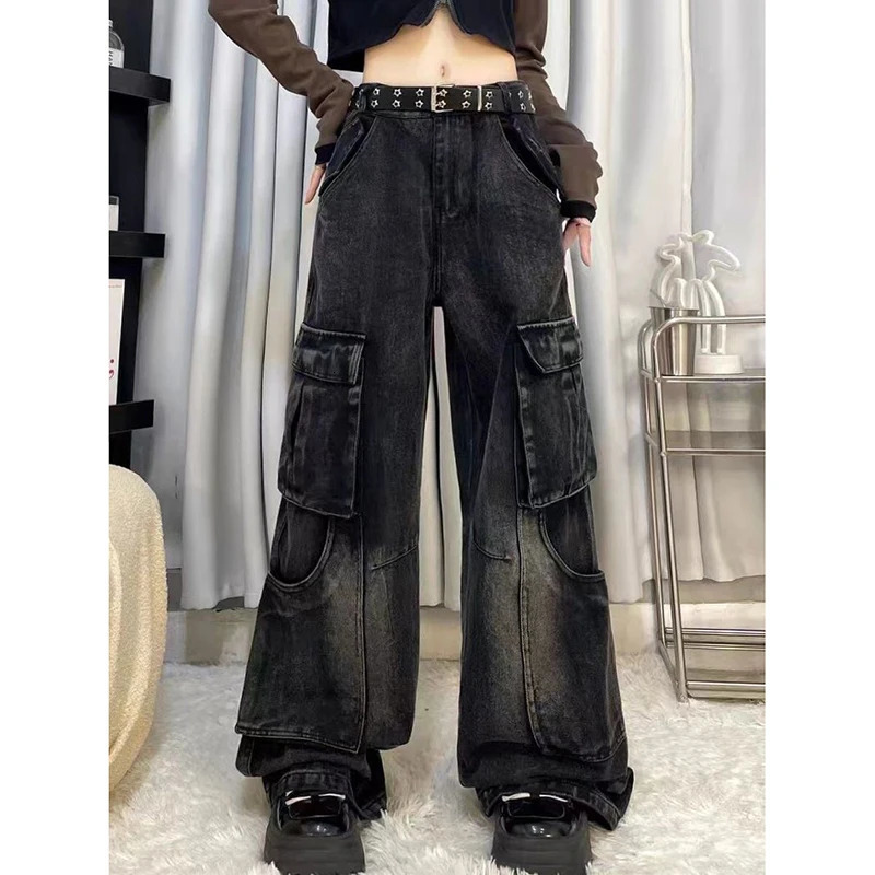 FOTVOTEE Cargo Pants Women Casual Loose Pockets Vintage Streetwear Denim Pants Korean Style Fashion Wide Leg High Waisted Jeans 240806
