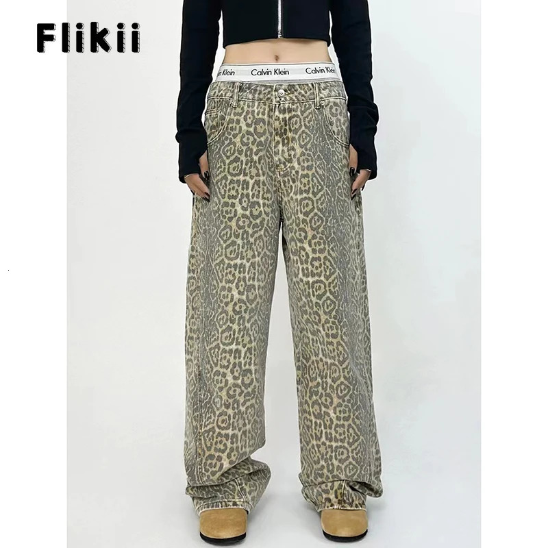 Womens Fashion High Street Vintage Wide Leg Baggy Y2K Denim Trouser Vintage Casual High Waist Pants 2000s Leopard Print Jeans 240806