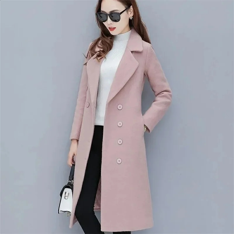 Female Woolen Coat Velvet Womens Double-Breasted Woolen Coat Spring And Autumn Woolen Coat Fashion Suit Collar ThickTrench 240822