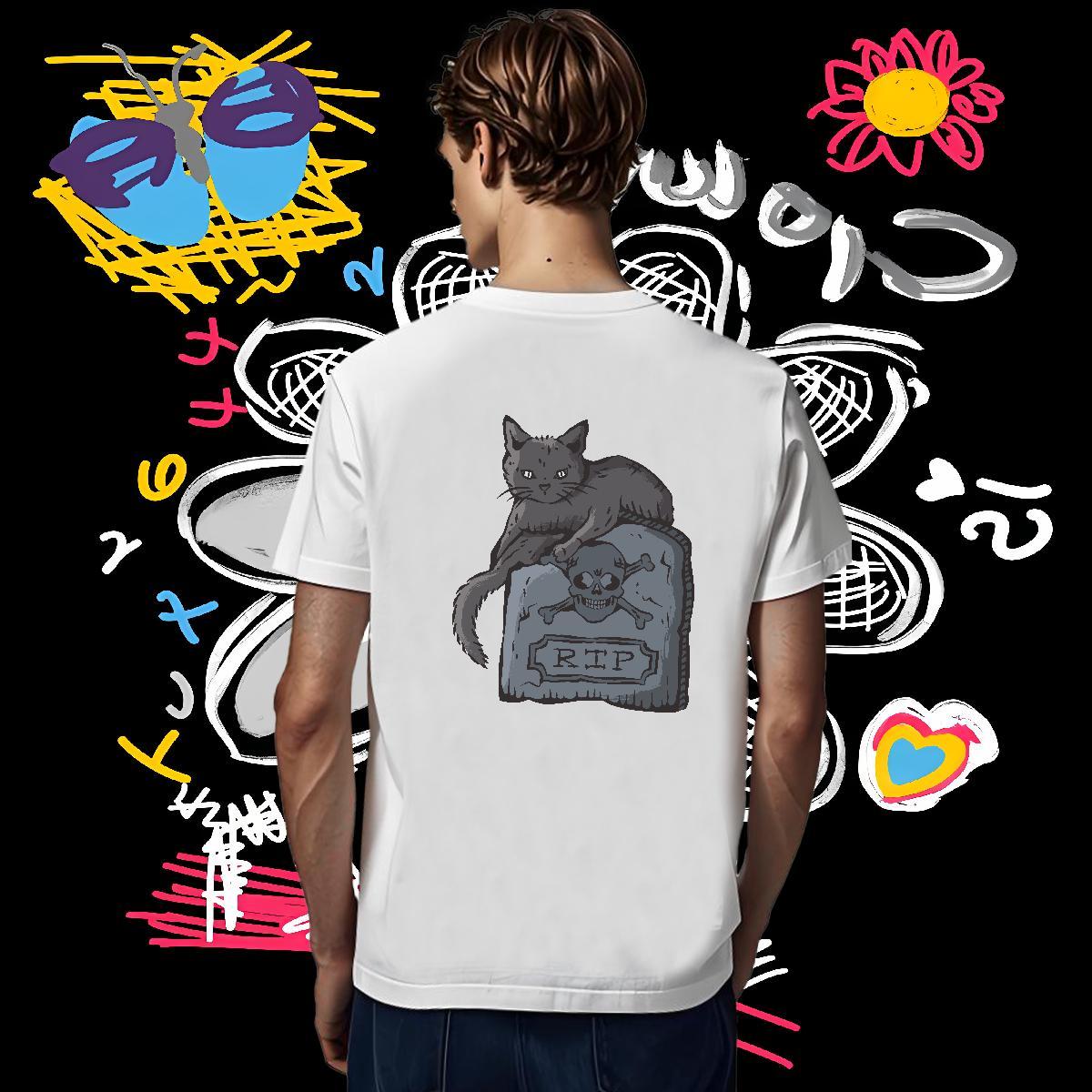 New T Shirts Men 100% Cotton 230g cat Beach Tshirts Breathable Short Sleeve Loose Men Tees Skull